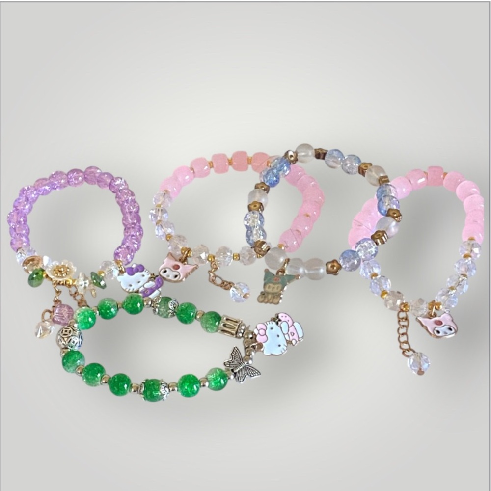 🐭 SALE! Hello Kitty 5 piece stretch bracelet set in pink green purple blue clear